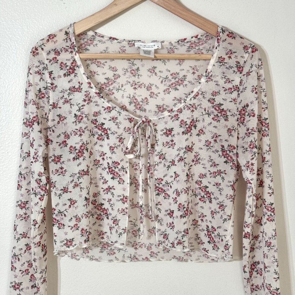Y2K Rose Floral Mesh Cropped Top Tie Front Sheer Lettuce Hem Cardigan Coquette - Picture 2 of 12